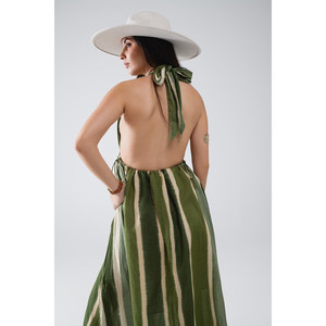 Abito lungo con scollo a V e spacco laterale in verde tie-dye a righe - Product Image 3