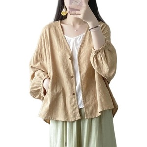 <b>Women</b> Cotton <b>Linen</b> <b>Cardigan</b> Long Sleeve V Neck Loose Plus Size Spring Summer Breathable Top Khaki White Dark Green - Product Image 5