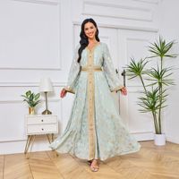 Robe Kaftan Abaya de Luxe pour Femme Hafizah, Imprimé Floral Doré, Col en V, Ceinturée, Jalabiya Marocaine, Longue Maxi, Robe de Soirée Islamique Musulmane