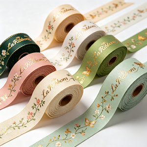 Vietnam Factory-Pink Polyester/Cotton Grosgrain <b>Ribbon</b> 1-1/2 Inch Gold Foil Printed Geometric Pattern Single Face Shrink-Resist - Product Image 4
