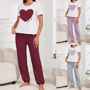 <span class=keywords><strong>Pijama</strong></span> de dos piezas para <span class=keywords><strong>mujer</strong></span>, de <span class=keywords><strong>manga</strong></span> <span class=keywords><strong>corta</strong></span>, cintura elástica, pantalón <span class=keywords><strong>largo</strong></span>, estilo dulce y amoroso, ropa de casa suave y cómoda para otoño. - Product Image 4