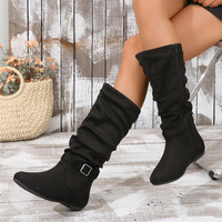 Sepatu Boots Wanita Musim Dingin Semi, Model Ruched Mid-Top, Resleting Samping, Gesper, Bahan Suede Kulit Sapi, Mesh, Gaya Eropa-Amerika, Kasual, Flat