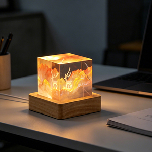Lámpara de Noche de Resina Hecha a Mano con Diseño de Montaña Dorada y Alce, Lámpara de Escritorio LED USB de Madera Natural para Decoración del Hogar - Product Image 1
