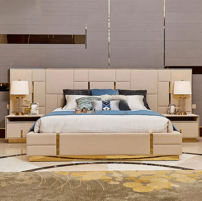 モダンで豪華なベッドルーム家具布張りの本物の革イタリアのベッド、拡張ヘッドボードキングサイズの白い革のベッド