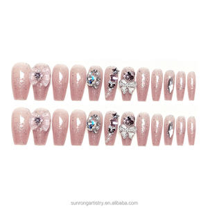 <span class=keywords><strong>Uñas</strong></span> Postizas Dulces de Alta Calidad, Reutilizables, Brillantes, con Forma de Corazón y Diamantes, Hechas a Mano, con Mariposas - Product Image 5