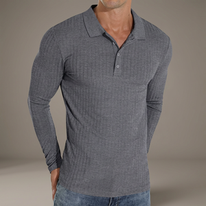 Camisas de manga larga para hombre, clásicas, tejidas, 100% algodón, elásticas, ajustadas, informales, transpirables, de color gris oscuro, tipo polo. - Product Image 3