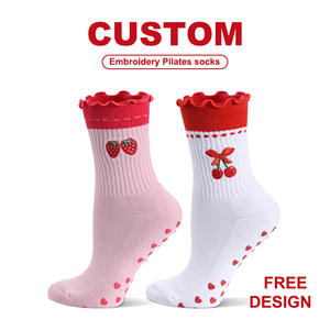 Personalizado Plissado Punhos Anti Slip Rosa Bonito Mulheres Yoga Pillates Meias Bordadas Seu Logotipo Aderência Meias - Product Image 1