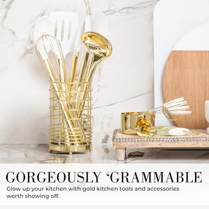 33-Piece Stainless <b>Steel</b> and Gold <b>Silicone</b> Kitchen Utensil Set with Holder for Food Preparation and Cooking - Product Image 2