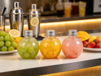 Bouteille ronde sphérique en plastique PET transparent de qualité alimentaire écologique de 150 ml et 200 ml avec couvercle en aluminium pour jus, lait, thé, boissons