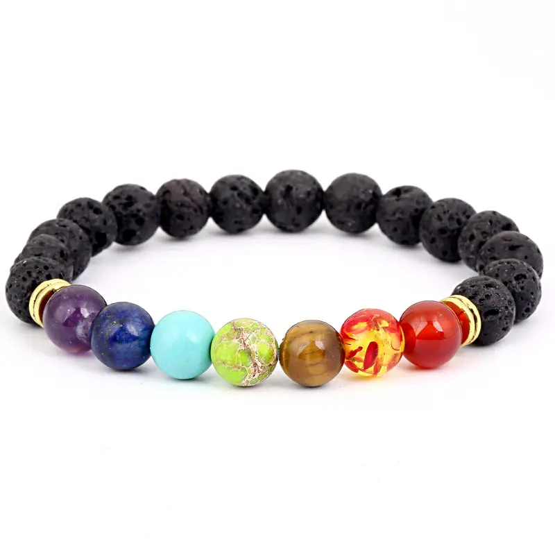 Pulsera de cuentas de equilibrio curativo Natural, brazalete difusor de Chakra, Yoga, Valconic, energía curativa, piedra de Lava, 7