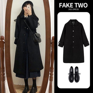 Women's <b>Wool</b> <b>Coat</b> <b>Black</b> Medium Thickness Solid Color Buttons Hepburn Style Autumn Winter Long <b>Coat</b> - Product Image 4