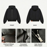 Hoodie Zipper Pendek Bahan Katun Mewah 500GSM dengan Logo Bordir 3D Custom, Hoodie Tebal Fleece Hitam untuk Pria