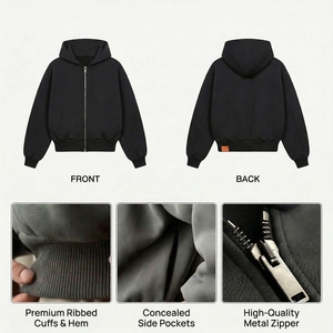 Sweat à Capuche Court Zippé en Coton <span class=keywords><strong>de</strong></span> Luxe 500 GSM avec Logo Brodé 3D Personnalisé, Molleton Épais Noir, Grande Taille, pour Hommes - Product Image 2