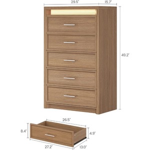 Commande en gros, MOQ élevé, <span class=keywords><strong>commode</strong></span> en bois <span class=keywords><strong>brun</strong></span> à 5 tiroirs avec lumière LED, poignées en métal - Product Image 3