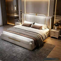 Modernes Luxus-Lederbett in Kingsize mit LED-Kopfteil, Goldverzierung und Kunststoff-Stauraum für Hotel-Schlafzimmermöbel
