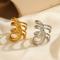Cincin berlapis emas desain minimalis trendi, gaya Eropa dan Amerika, berbahan stainless steel, model terbuka dengan garis tebal yang berlebihan.