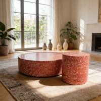 Table basse en terrazzo rouge de style nordique, table à thé ronde avec tabouret d'appoint, meubles de décoration moderne pour le salon