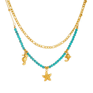 European American Retro Ocean Style Gold Plated Seahorse Starfish Stainless Steel Turquoise Beaded Chain Necklace Multi Layer - Product Image 4