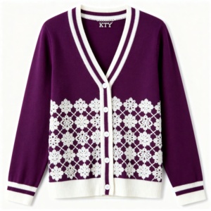 Cappotto Lavorato a Maglia Oversize da Donna con Bottoni, Stile Vintage, con Applicazioni Floreali a Rombo e Motivo Floreale Traforato - Product Image 2