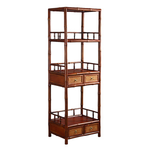 Chinese Retro Style Bamboo Shelving <b>Bookcase</b> Red <b>Wood</b> Display Cabinet For Tea Room Living Room Bedroom Office - Product Image 4
