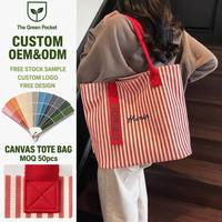 Sac fourre-tout coréen en toile rayée avec ruban contrastant, sac de shopping réutilisable en coton pour les vacances d'été, sac à main de style français, vente en gros