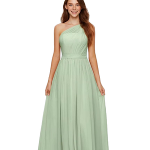 ชุดเพื่อนเจ้าสาวสีฟ้าอมเทา ผ้าชีฟอง ไร้สายรัดไหล่ ยาวกรอมพื้น แต่งระบายและจับจีบ เป็นมิตรกับสิ่งแวดล้อม แรงบันดาลใจจากมหาสมุทร ดีไซน์ทันสมัย มีบราในตัว เหมาะสำหรับงานชายหาด - Product Image 1