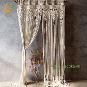 Rideau en macramé OEM pour fenêtre, porte, placard, toile de fond de mariage, décoration bohème avec pompons, du Vietnam - Product Image 1