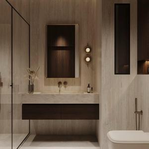 Mobile da Bagno Personalizzato con Lavabo Integrato in Lastra di Roccia, Sospeso, Cannettato, Lavabo e Lavamani, Finitura Noce e Beige Materico - Product Image 2