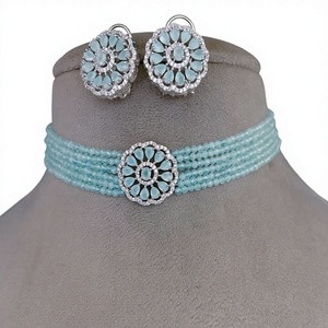 Luxury Premium Quality <b>Silver</b> Finish Fashion <b>Choker</b> Necklace & Earrings Set For Wedding Wear Collection - Product Image 2