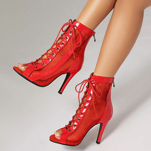 <span class=keywords><strong>Chaussures</strong></span> de <span class=keywords><strong>danse</strong></span> latine rouges 9,5 cm en dentelle et maille pour Jazz, Ballroom, Salsa, Tango, Swing avec semelle en caoutchouc - Product Image 2