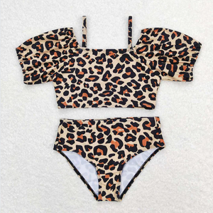 Girls Leopard Animal Print Two-Piece Bikini Set Breathable Nylon/Cotton Kids Summer Beach Swimsuit - Product Image 1