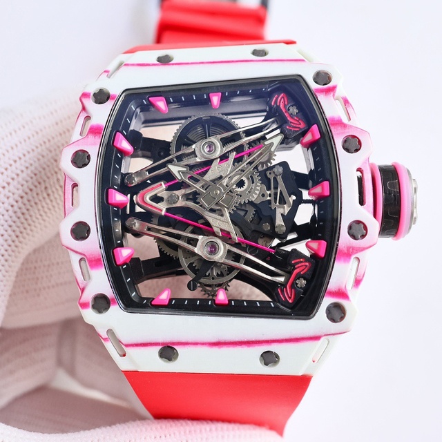 Men Limited Edition Automatic Tourbillon Luxury Skeleton Pink White Carbon Fiber Case Red Rubber Strap Premium Quality Watch