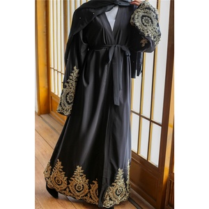 1495# Modest Navy Black <b>Abaya</b> with Gold Embroidery Lace Breathable Spring Summer Occasion Islamic <b>Abaya</b> Dubai Design - Product Image 2