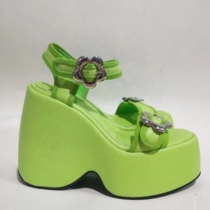 Green Flat Sandals for Women High Wedge Heels Ladies Flower Buckles Thick Platform Summer <b>Shoes</b> Beach Causal Pumps - Product Image 6
