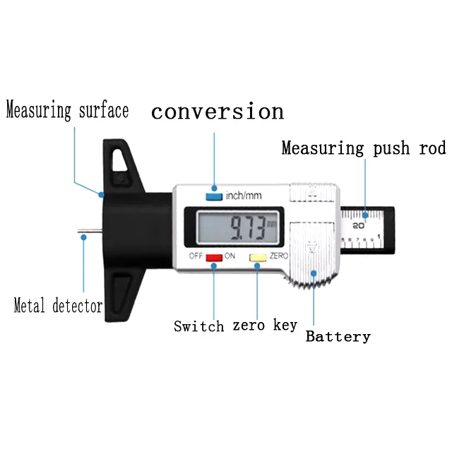 Manomètre électrique numérique, jauge de profondeur de pneu, pour mesure de la profondeur des pneus, 0-25mm métrique/pouces, LCD