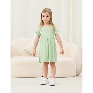 Vestido informal para niña, cintura elástica, cuello redondo, tejido de punto, ajuste holgado, transpirable, ropa de verano para uso diario - Product Image 5