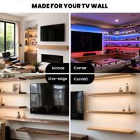 Étagère TV flottante en bois foncé, style rustique, éclairage chaleureux, décoration en bois, grand rangement, banc TV avec supports métalliques