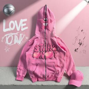 เสื้อฮู้ดดี้สตรีทแวร์ผู้ชาย แบบซิปเต็มตัว สีชมพู วินเทจ ผ้าฝ้าย พิมพ์ลายโลโก้ 3 มิติ แบบนูน  ล้างสีแบบแอซิดวอช สองชั้น - Product Image 1