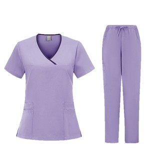 Women Scrub Set Solid Color V-Neck Top Straight Leg Pants Moisture Wicking Hospital Uniforms - Product Image 1