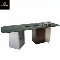 Table à thé de luxe en marbre naturel, bureau à thé moderne avec plateau en pierre et armoire de rangement, table à thé Kung Fu design pour salon de villa