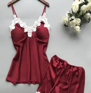 Donne Plus Size Deep V Lace Babydoll Mini body Satin Short 2 pezzi pigiama Silk Sexy Lingerie