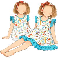 Robe d'été pour filles, style boutique, vente en gros, imprimé fleurs et pommes, manches volantées, pour la rentrée scolaire