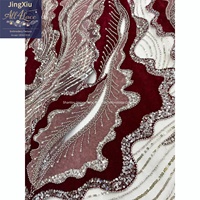 Tissu rose poudré bordeaux à sequins et perles avec broderie appliquée en forme de vague sur tulle pour robes boubou et kaftans nigérians