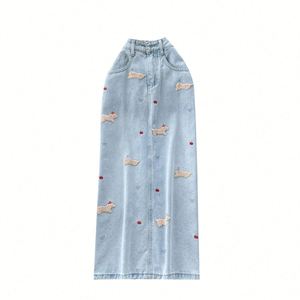 Jupe droite en jean brodée pour femme, taille empire, respirante, antistatique, durable, séchage rapide, 260g – Collection Été 2025 - Product Image 5