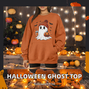 Sudadera de felpa holgada naranja con estampado de Halloween, hombros caídos y bolsillos, para mujer, estilo oversize, con diseño de fantasma lindo. Venta al por mayor. - Product Image 2
