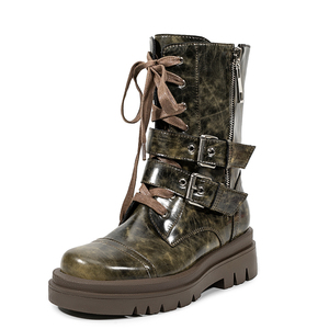 Botines de mujer de suela gruesa con cremallera lateral, cordones, cinturones y hebillas, estilo combate, de caña alta. - Product Image 2