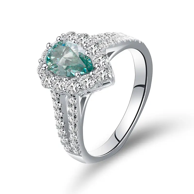 Demi éternité goutte d'eau bleu vert Moissanite bague Solitaire promesse bande 925 argent Sterling diamant grande pierre anneaux pour les femmes