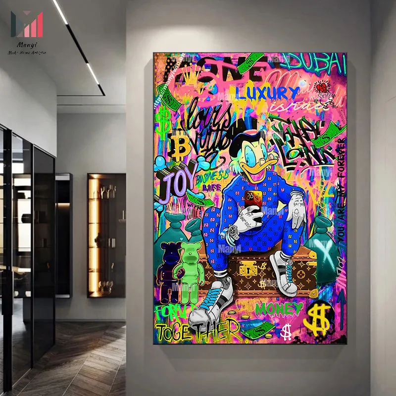 Cartoon Duck Graffiti Money Wall Art Pictures and Street pop Art Posters print on Canvas For home bathroom Room Decor