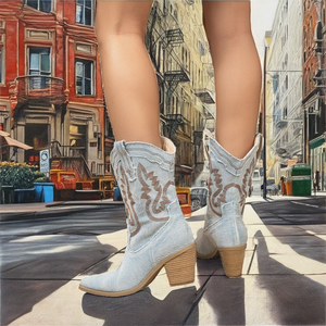 Bottes mi-mollet occidentales à talon épais en jean, fermeture éclair, semelle extérieure en caoutchouc, couleur assortie, bout pointu, grande taille, collection automne 2026 - Product Image 2