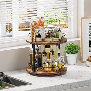 Wooden Double Layer <b>Spice</b> <b>Rack</b> With <b>Rotating</b> Tray For Kitchen Storage 2 Tier Food Organizer - Product Image 1